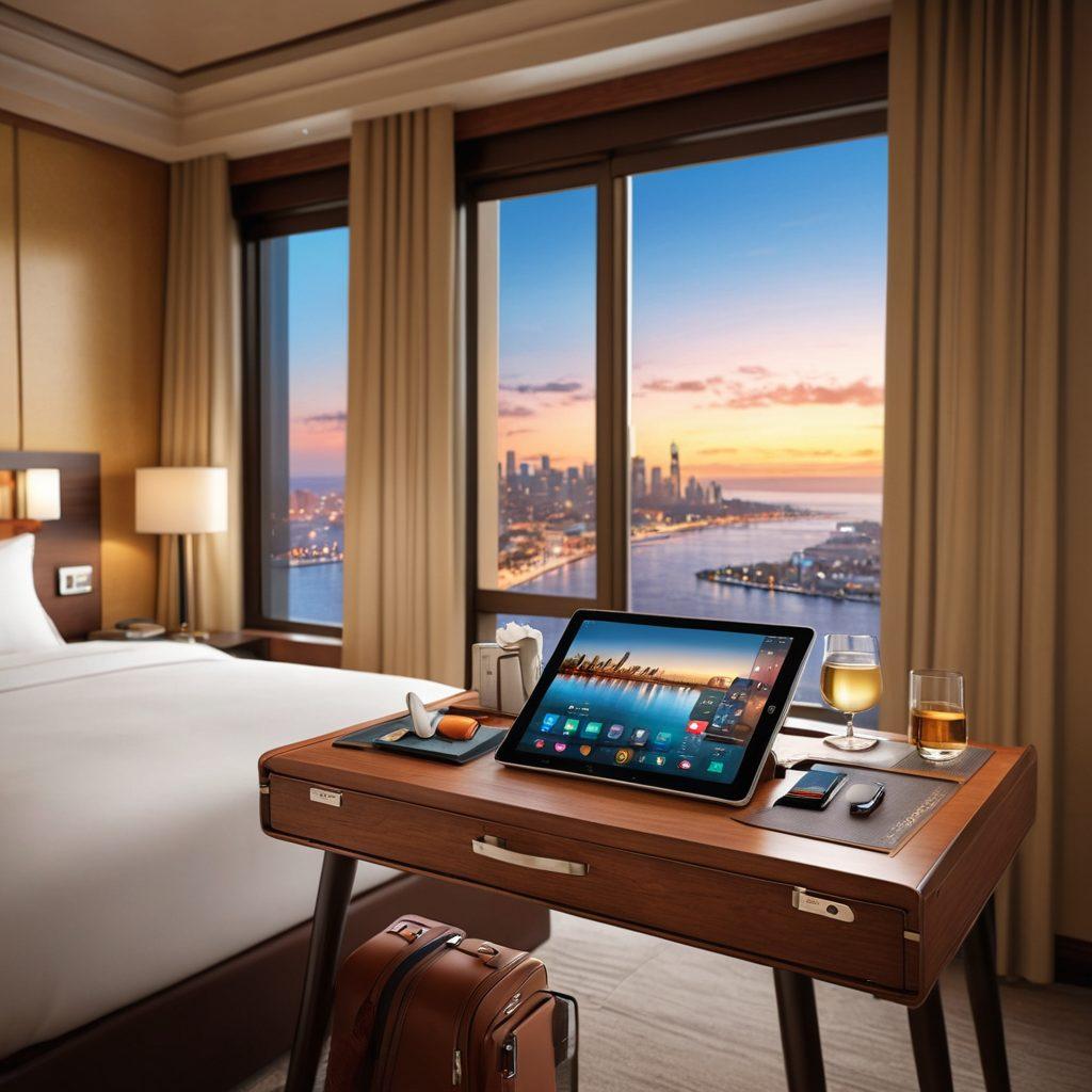A luxurious hotel room with a tablet prominently displayed on a stylish desk, showcasing travel apps and accommodation features. In the background, large windows reveal a stunning city skyline or a serene beach view. Include elements of tech travel, like luggage and travel guides, blending comfort and innovation. Warm lighting to evoke a sense of luxury and relaxation. super-realistic. vibrant colors. 3D.