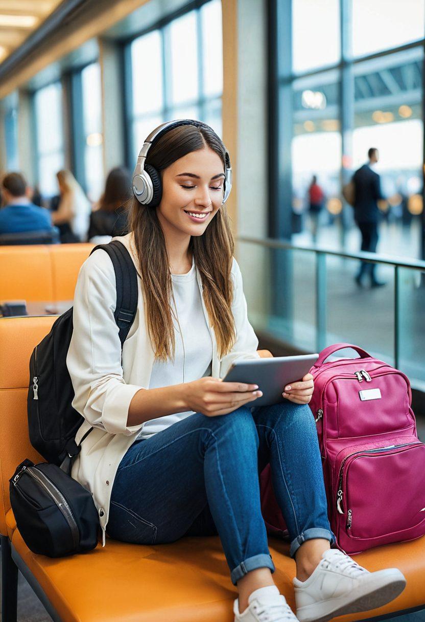 A stylish traveler sitting at an airport lounge, intensely focused on a sleek tablet displaying vivid travel reviews. Surrounding them, an array of travel essentials like headphones, a backpack, and a coffee cup, creating a vibrant atmosphere of wanderlust. A blurred backdrop of diverse travelers, hinting at an exciting journey. The scene captures the essence of tech-savvy travel experience. super-realistic. vibrant colors. blurred background.