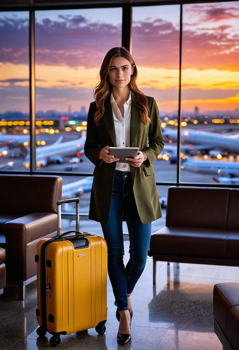A stylish traveler holding a sleek gadget in a modern airport lounge, surrounded by luxury elements like plush seats and designer luggage. A backdrop of a city skyline through large windows at sunset, suggesting adventure and convenience. Include digital travel tools like an interactive map displayed on a tablet, with some travel gear neatly arranged. The scene should evoke a sense of sophistication and readiness for exploration. super-realistic. vibrant colors.